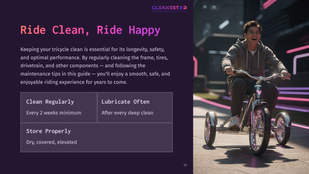 A Smiling Man Rides A Shiny, Modern Tricycle Down A City Street At Dusk, With Neon Lights Reflecting On The Wet Pavement And His Vehicle. The Text &Quot;Ride Clean, Ride Happy&Quot; Is Visible.