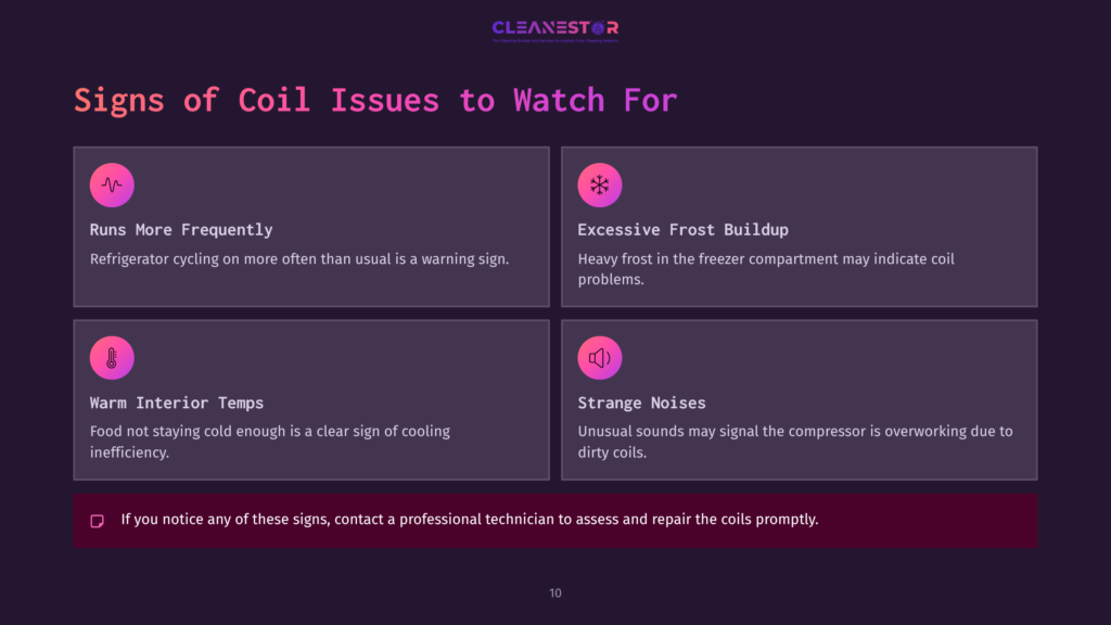 Four Dark Purple Boxes Outline Signs Of Coil Issues, Featuring Icons And Brief Text About Refrigerator Problems Like Frost Buildup And Noise.