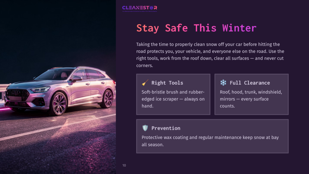 A Silver Suv Parked On A Snowy Street, With Snow Piled On Its Roof, And An Infographic On Cleaning Snow Off Vehicles Beside It.