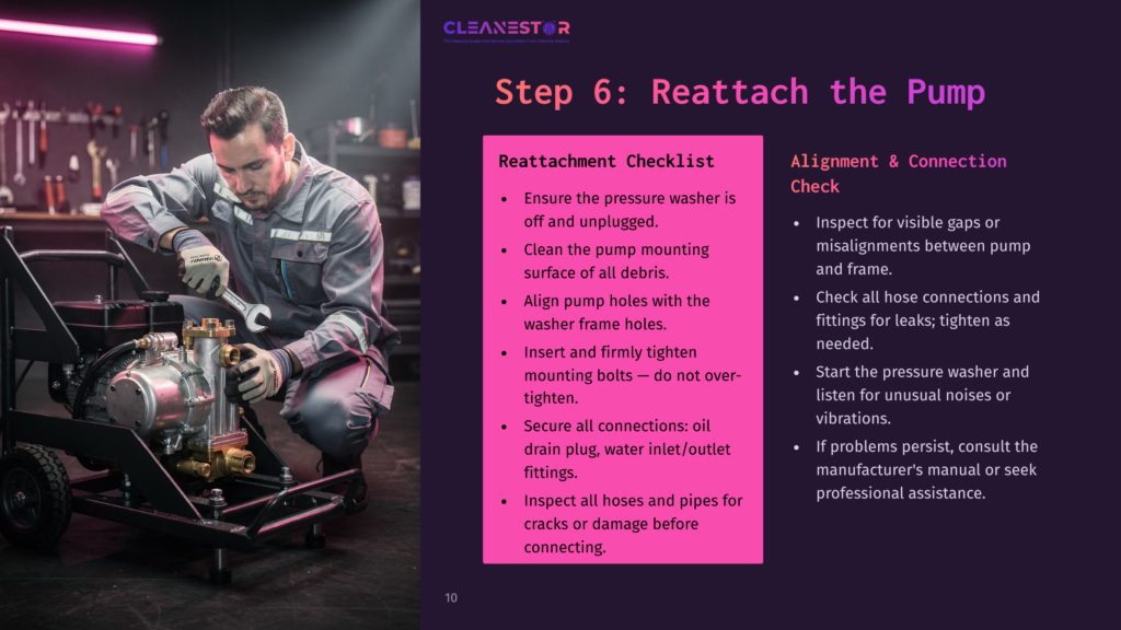 10 Step 6 Reattach The Pump A Technician Is Reattaching A Pressure Washer Pump, Surrounded By Tools And A Checklist. The Background Is Split Between Purple And Dark Gray.