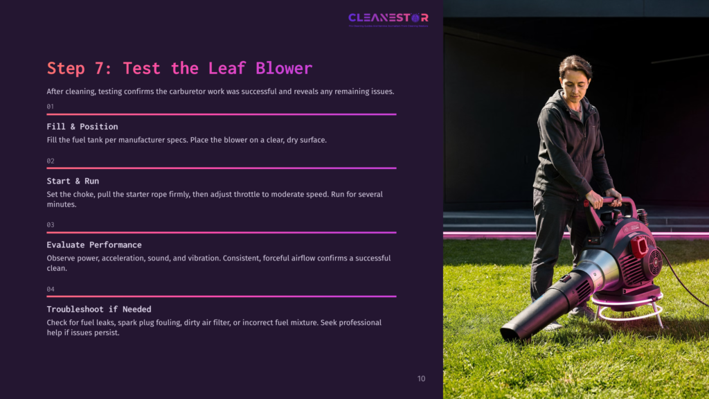 A Person Tests A Leaf Blower On A Clear Surface, Adjusting Settings While Surrounded By Step-By-Step Instructions In Purple Text.
