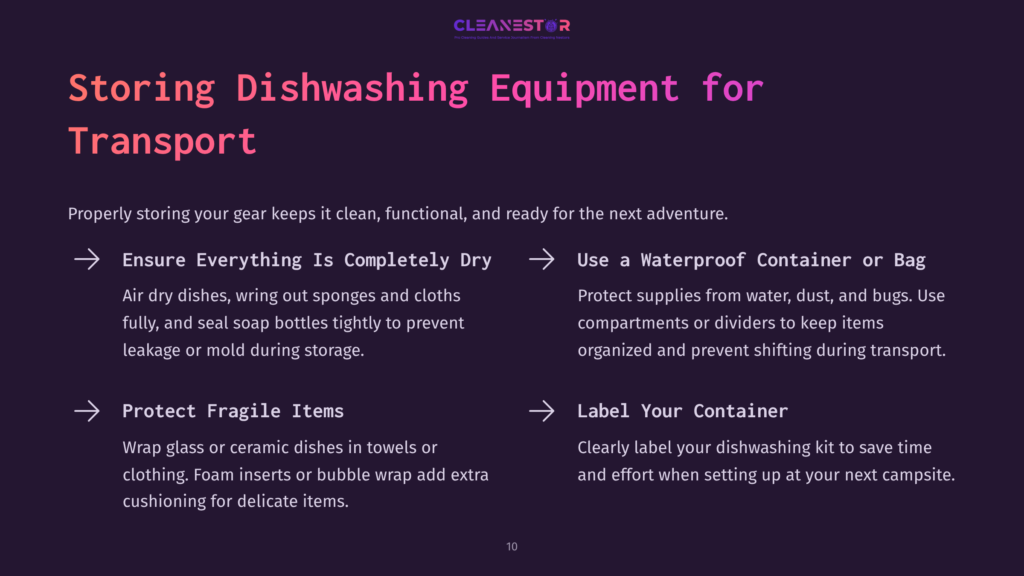 Visual Guide With Bullet Points On Storing Dishwashing Gear For Camping, Featuring Purple And White Text On A Dark Background.