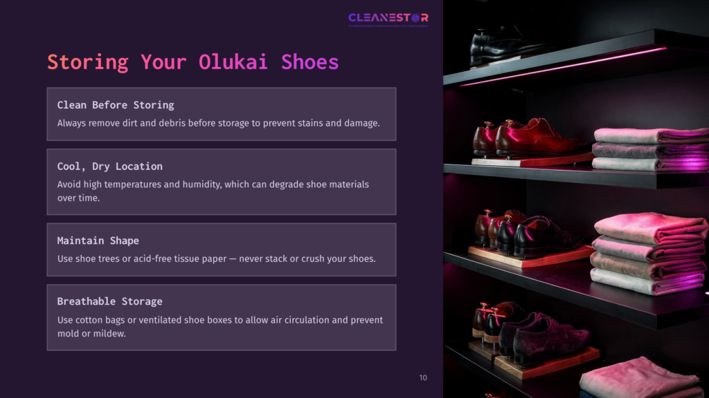 A Dark Closet Shelf Displaying Olukai Shoes For Storage. The Shelf Has Pink Led Lighting And Contains Two Pairs Of Brown Leather Shoes And Neatly Folded Grey Towels.