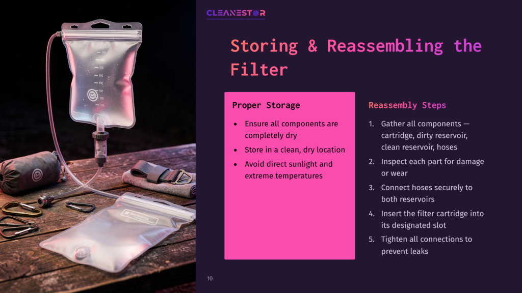 10 Storing And Reassembling The Filter Clear Plastic Water Filter Pouch With Hoses And A Cleaning Kit On A Dark Background, Featuring Storage And Reassembly Instructions.