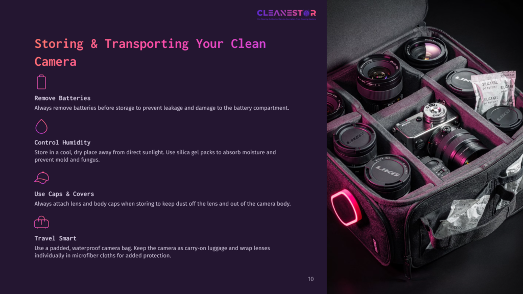 Close-Up Of A Black Camera Bag With Various Camera Lenses And A Camera Body Neatly Organized, Set Against A Purple Background.