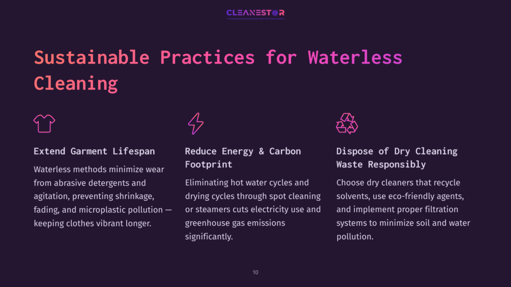 10 Sustainable Practices For Waterless Cleaning A Dark Background Featuring Icons And Text Highlighting Sustainable Practices For Cleaning Without Water, In Bright Pink And White Fonts.
