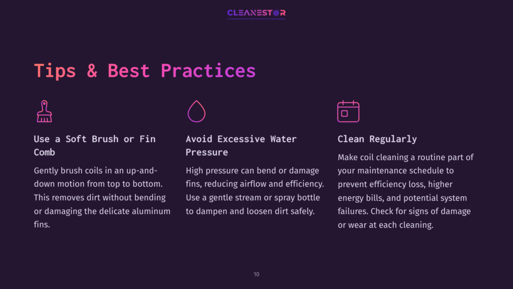Text On A Dark Background With Purple Highlights Outlines Cleaning Tips For Ac Coils, Featuring Icons For Combs, Water, And A Wrench.