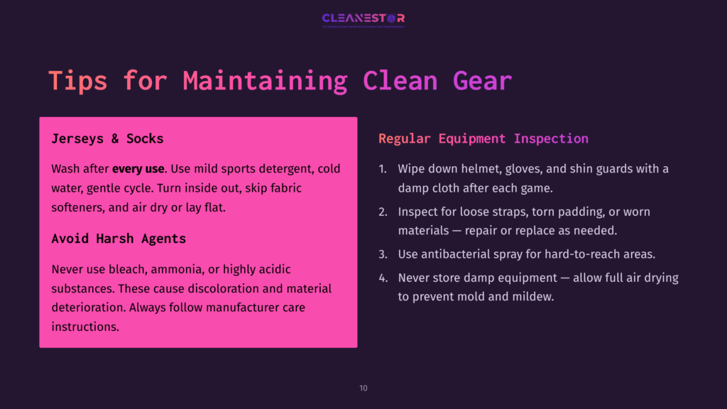 Tips For Maintaining Clean Hockey Gear, Featuring Text In White And Purple Against A Dark Background, With A Focus On Cleaning Jerseys, Socks, And Equipment Care.