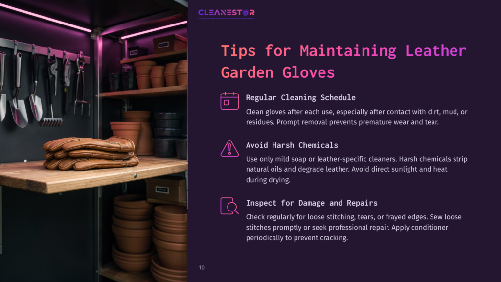 10 Tips For Maintaining Leather Garden Gloves Close-Up Of Stacked Leather Garden Gloves On A Wooden Surface, With Purple Shelves In The Background Holding Cleaning Supplies.