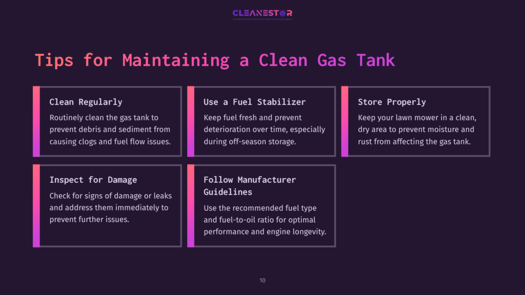 Dark Purple Background With White And Pink Text Summarizes Tips For Maintaining A Gas Tank, Featuring Four Distinct Sections With Icons.