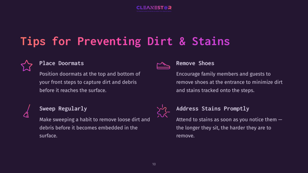 List Of Tips For Preventing Dirt And Stains, Featuring Colorful Headings On A Dark Background, With Clear Bullet Points For Easy Reading.
