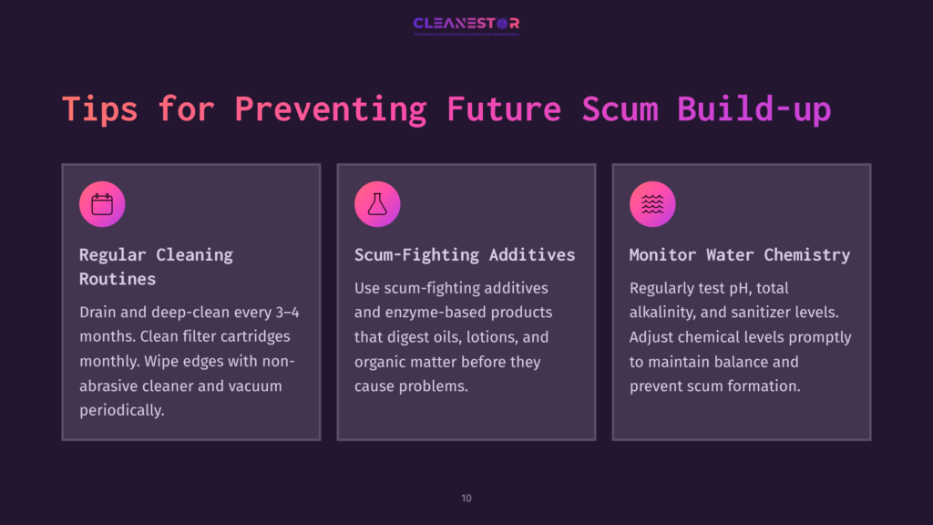 Colorful Infographic With Tips On Preventing Scum Build-Up In Hot Tubs, Featuring Sections On Cleaning Routines And Water Maintenance.