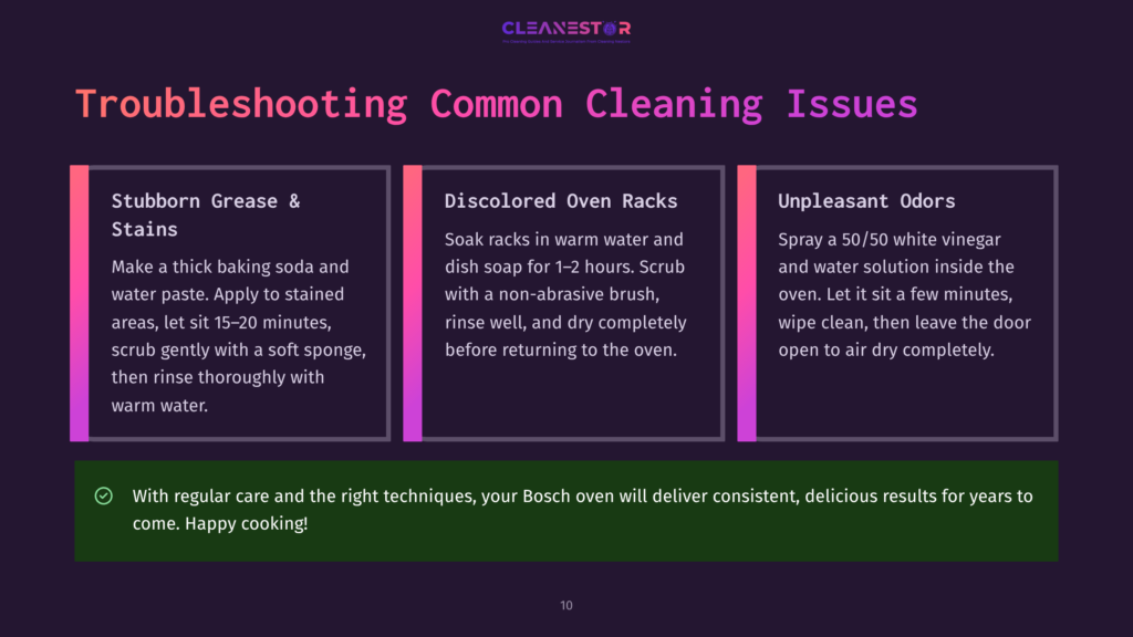 Troubleshooting Common Cleaning Issues For Ovens: Stubborn Grease, Discolored Racks, And Unpleasant Odors. The Image Displays Three Distinct Sections Detailing Cleaning Solutions.