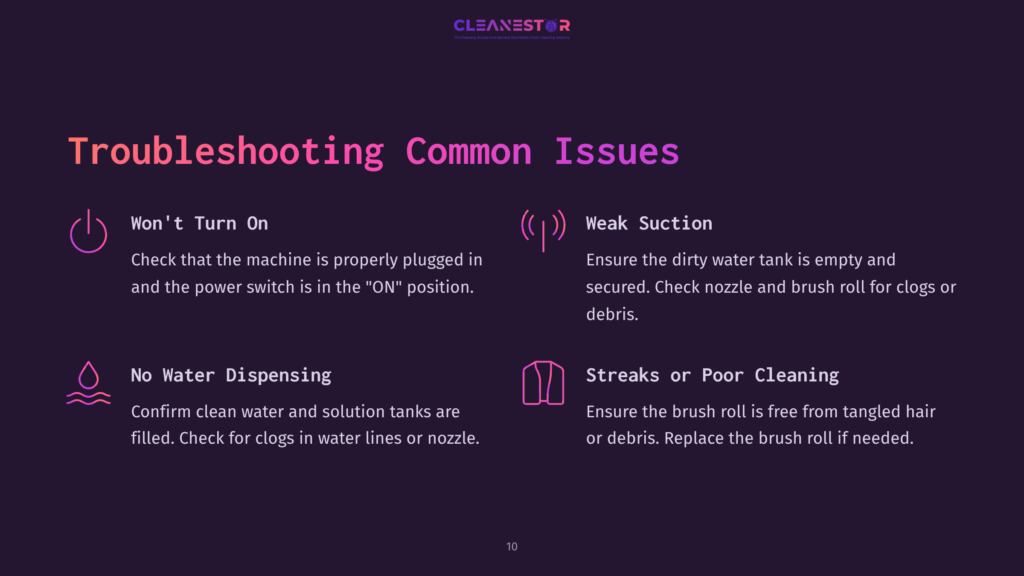 Troubleshooting Common Issues For The Cleanestor Floor Cleaning Machine: Won'T Turn On, Weak Suction, No Water Dispensing, And Streaks Or Poor Cleaning. Includes Troubleshooting Tips.
