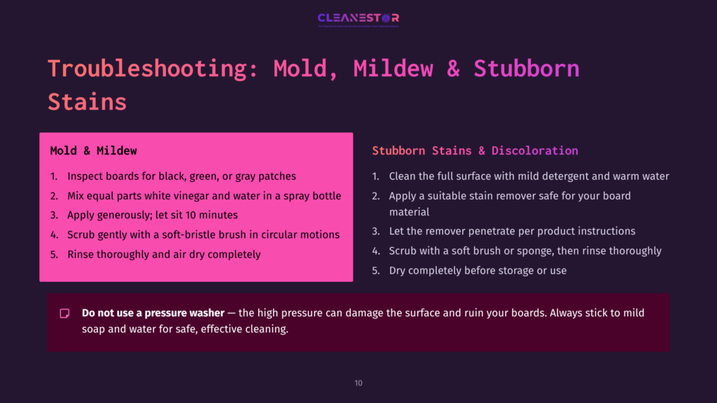 Instructions On Removing Mold And Stubborn Stains From Cornhole Boards, Featuring Pink And Purple Text Boxes And Clear Cleaning Steps.