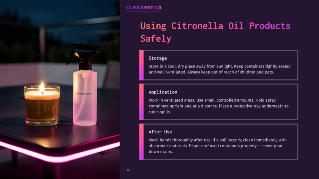 10 Using Citronella Oil Products Safely Citronella Spray Bottle And A Lit Candle On A Table With A Purple Glow, Next To Text About Using Citronella Oil Products Safely.