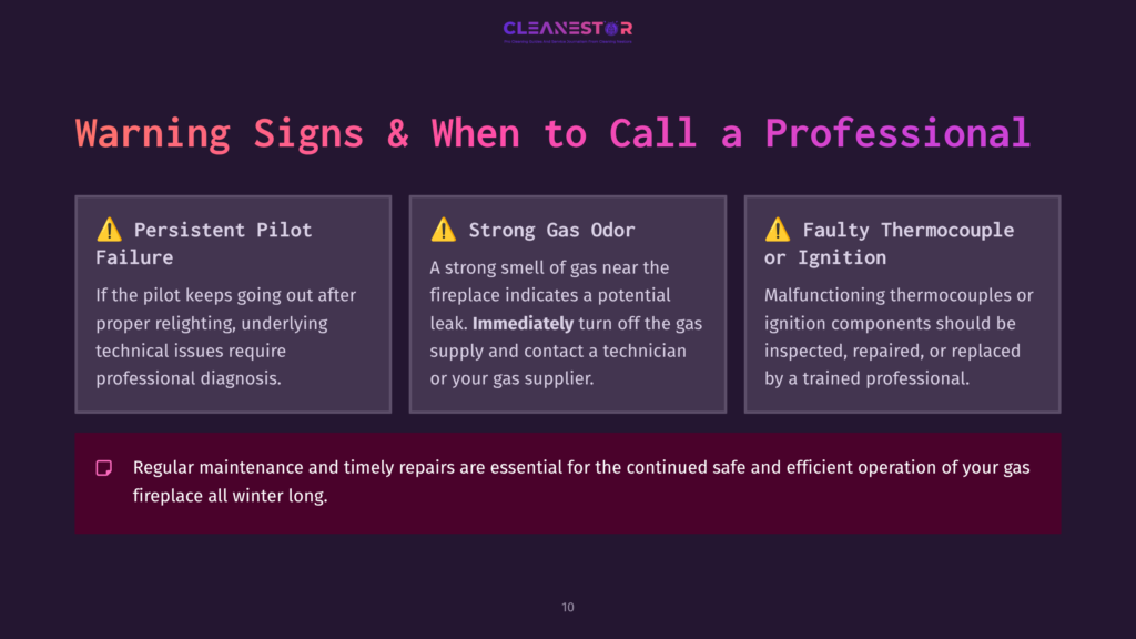 10 Warning Signs And When To Call A Professional A Dark Background With A Purple Gradient Features The Cleanestor Logo At The Top. Below, Three Warning Signs Highlight &Quot;Persistent Pilot Failure,&Quot; &Quot;Strong Gas Odor,&Quot; And &Quot;Faulty Thermocouple Or Ignition&Quot; As Reasons To Call A Professional For Fireplace Maintenance. A Bulleted List At The Bottom Emphasizes Regular Maintenance For Safe Winter Operation.