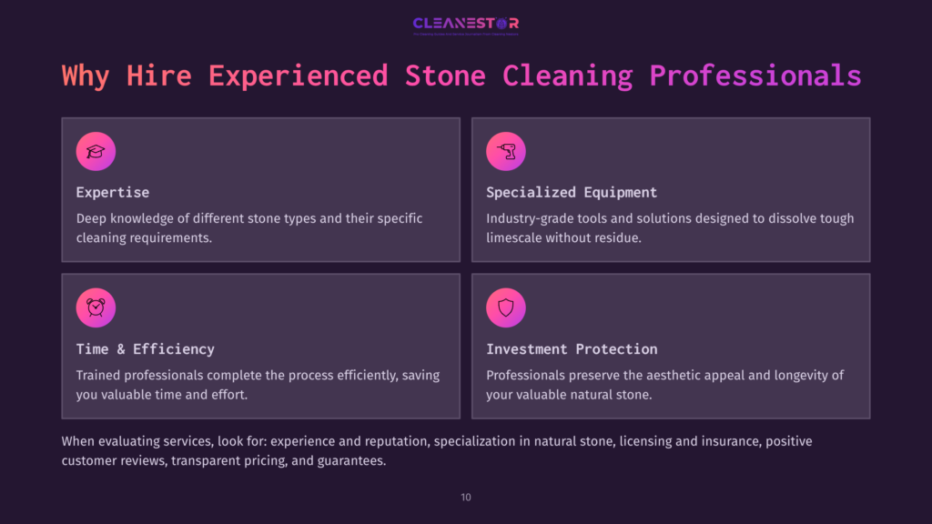 10 Why Hire Experienced Stone Cleaning Professionals Four Sections On A Dark Background With The Title &Quot;Why Hire Experienced Stone Cleaning Professionals.&Quot; Sections Detail Expertise, Specialized Equipment, Time &Amp; Efficiency, And Investment Protection.