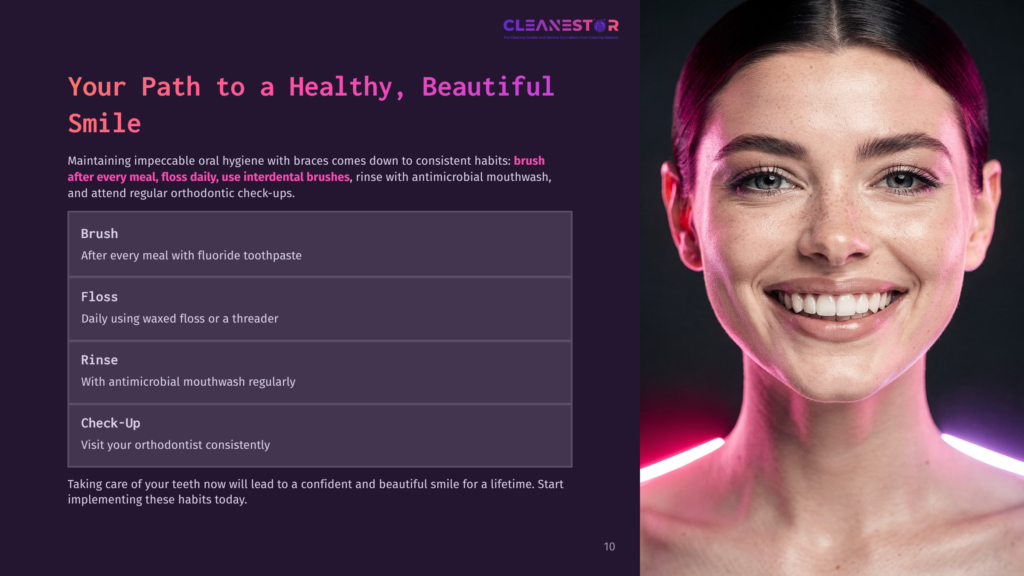 A Woman With A Bright, Healthy Smile And Clear Skin Looks Forward, With Neon Pink And Purple Lights Reflecting On Her Face And Shoulders. Text Overlay On The Left Promotes Oral Hygiene With Braces.