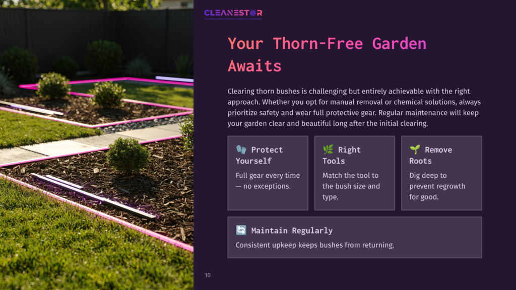 10 Your Thorn Free Garden Awaits A Manicured Garden Bed With Mulch, Low Green Bushes, And Bright Pink Lighting Accents. The Text &Quot;Cleanestor&Quot; Is Visible At The Top.