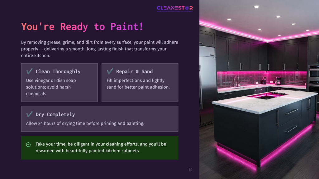 10 Youre Ready To Paint Modern Black Kitchen Cabinets With Pink Led Accent Lighting, Featuring A Marble Countertop And Stainless Steel Refrigerator. Text Overlay Reads &Quot;Cleanestar - Pro Cleaning &Amp; Surface Restoration Experts.