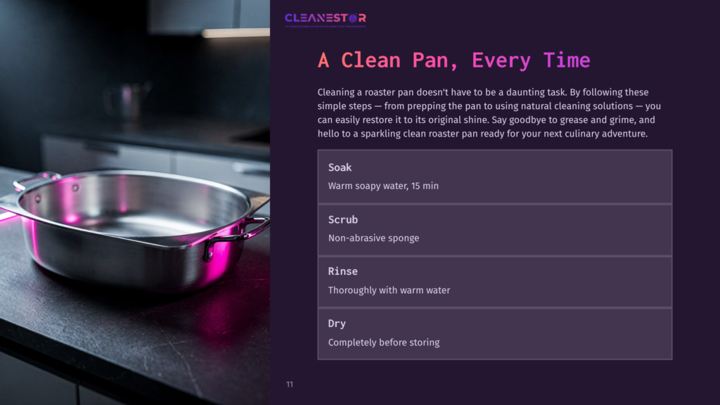 Shiny Stainless Steel Roaster Pan With A Pink Hue, Resting On A Black Countertop With Cleaning Instructions Beside It.