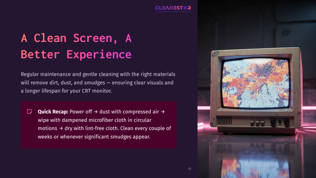 An Old Crt Monitor Displaying A Colorful Abstract Map, Alongside Cleaning Tips In A Purple Background With Highlighted Text Sections.