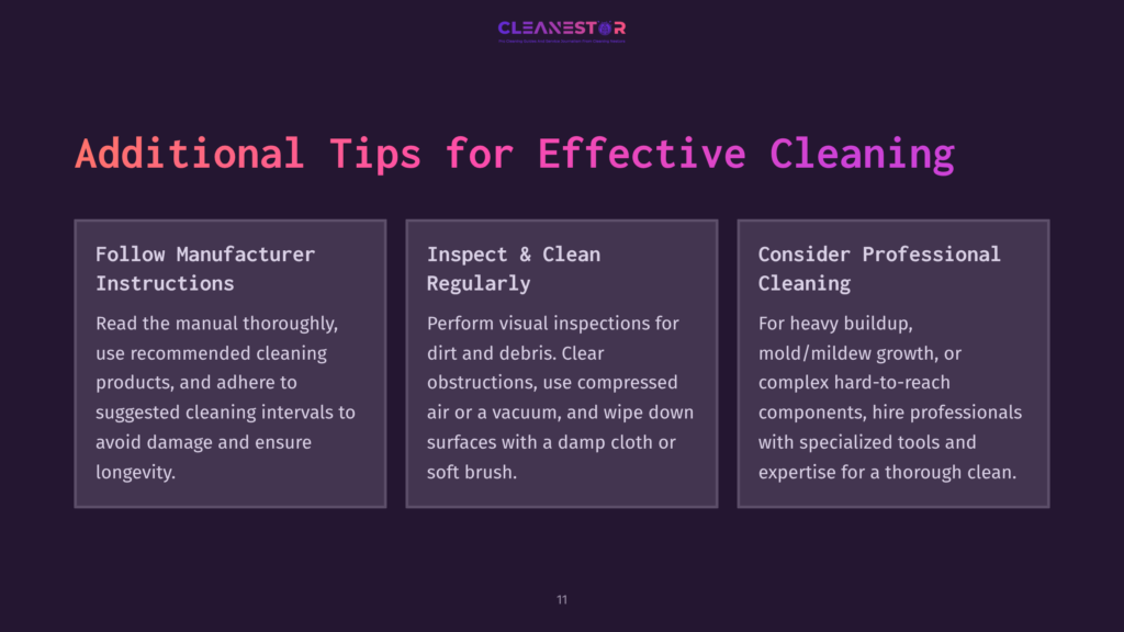 Three Panels With A Dark Purple Background Present Tips For Effective Cleaning: Manufacturer Guidelines, Regular Inspections, And Professional Cleaning Advice.