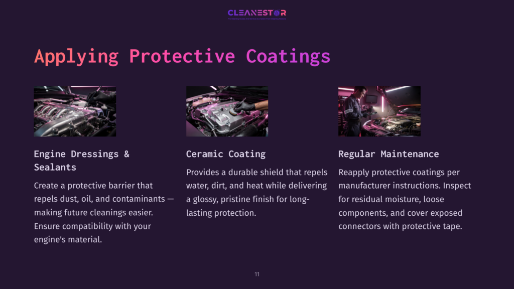 11 Applying Protective Coatings Three Images Showcase Automotive Detailing Services: Engine Dressings &Amp; Sealants, Ceramic Coating, And Regular Maintenance. Text Reads &Quot;Applying Protective Coatings.