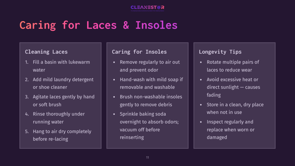 11 Caring For Laces And Insoles Instructions On Cleaning Laces And Insoles, Featuring Three Sections: Cleaning Laces, Caring For Insoles, And Longevity Tips, With Purple Accents.