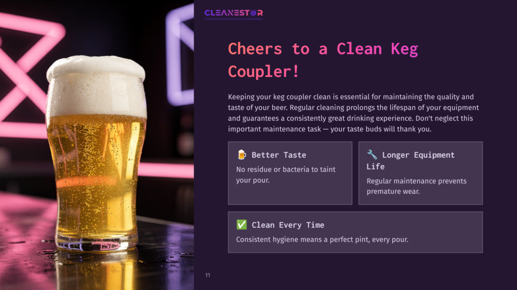 A Frosty Glass Of Beer Filled To The Brim, Beside Text Highlighting Key Benefits Of Cleaning A Keg Coupler, With Pink And Purple Geometric Backgrounds.