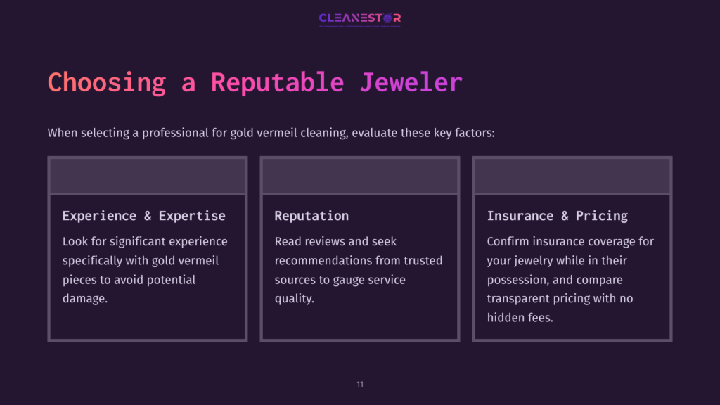 Three Sections On A Dark Purple Background, Titled &Quot;Expertise,&Quot; &Quot;Reputation,&Quot; And &Quot;Insurance &Amp; Pricing,&Quot; Featuring Pink And White Text Highlighting Key Factors For Selecting A Jeweler.