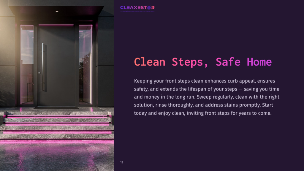 Modern Front Entrance With Sleek Black Door, Pink Accent Lighting, And Clean Stone Steps Leading To A Bright Entryway.