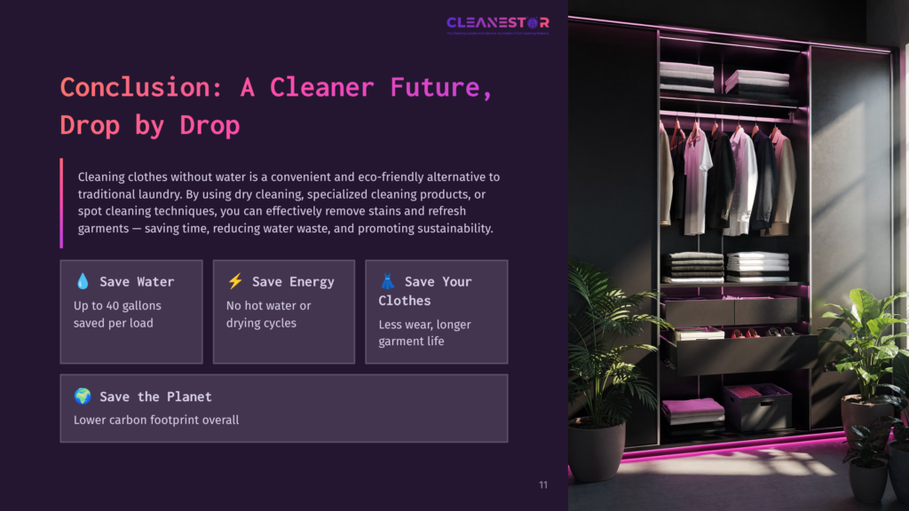 11 Conclusion A Cleaner Future Drop By Drop A Stylish Closet With Hanging Clothes, A Potted Plant In The Foreground, And Highlighted Boxes On The Side With Tips For Eco-Friendly Cleaning.