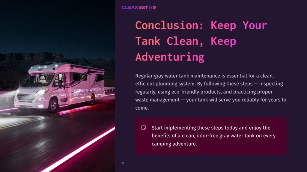 A Modern Rv Parked At Night With Mountains In The Background, Accompanied By Text Emphasizing The Importance Of Gray Water Tank Maintenance.