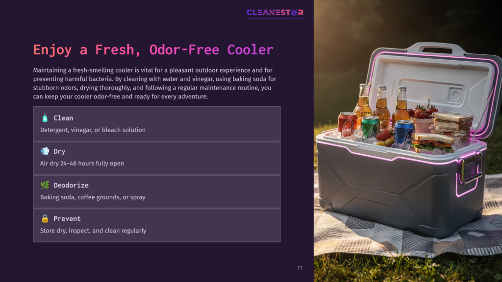 A Gray Cooler Filled With Colorful Drinks Sits Open, Alongside Cleaning And Maintenance Tips In Bold Text And Vibrant Colors.