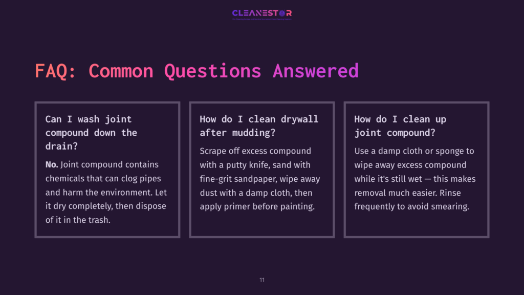 Three Sections Of Text On A Dark Purple Background, Featuring White And Pink Headings Answering Common Questions About Cleaning Tools And Drywall.