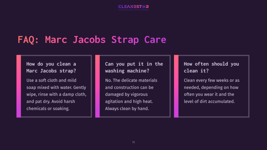 Faq For Marc Jacobs Strap Care: How To Clean, If It Can Be Machine Washed, And Cleaning Frequency. The Text Is Displayed On A Dark Background With Purple And Pink Accents.