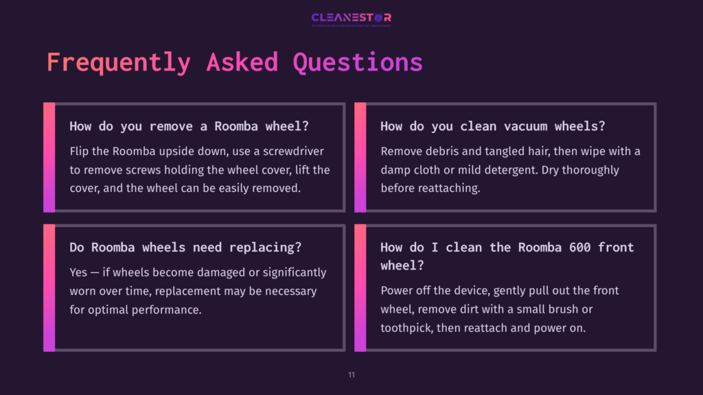 11 Frequently Asked Questions 1 Four Boxes With Questions And Answers Related To Roomba Maintenance, Featuring A Dark Background With Purple And White Text.