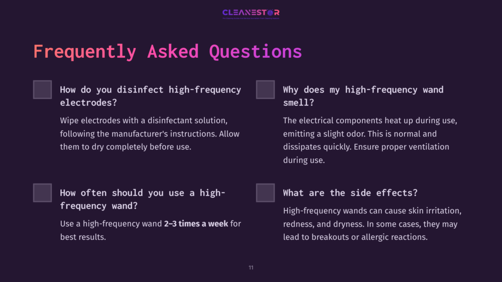 Text-Based Faq Layout With Purple Background, Featuring Sections On Disinfection, Odors, And Side Effects Of High-Frequency Wands.