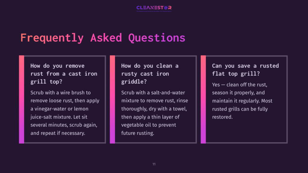 Three Panels With Faqs About Cleaning Cast Iron Grills, Featuring Text In Bold Red, Black, And White, Set Against A Gradient Pink And Purple Background.