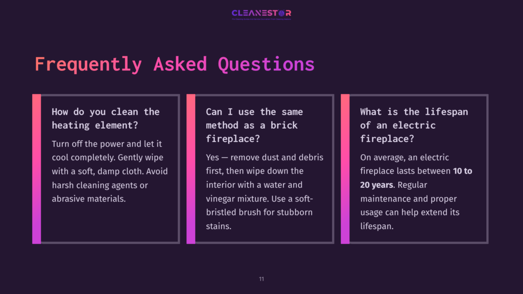 Three Colorful Panels With White Text On A Dark Purple Background, Outlining Faqs About Cleaning Electric Fireplaces.