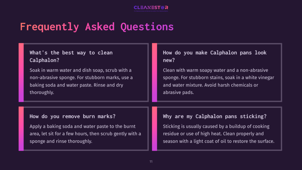 Text-Heavy Faq Layout With Purple And White Backgrounds, Featuring Tips On Cleaning Calphalon Cookware, Including Soap, Water, And Scrubbing Methods.