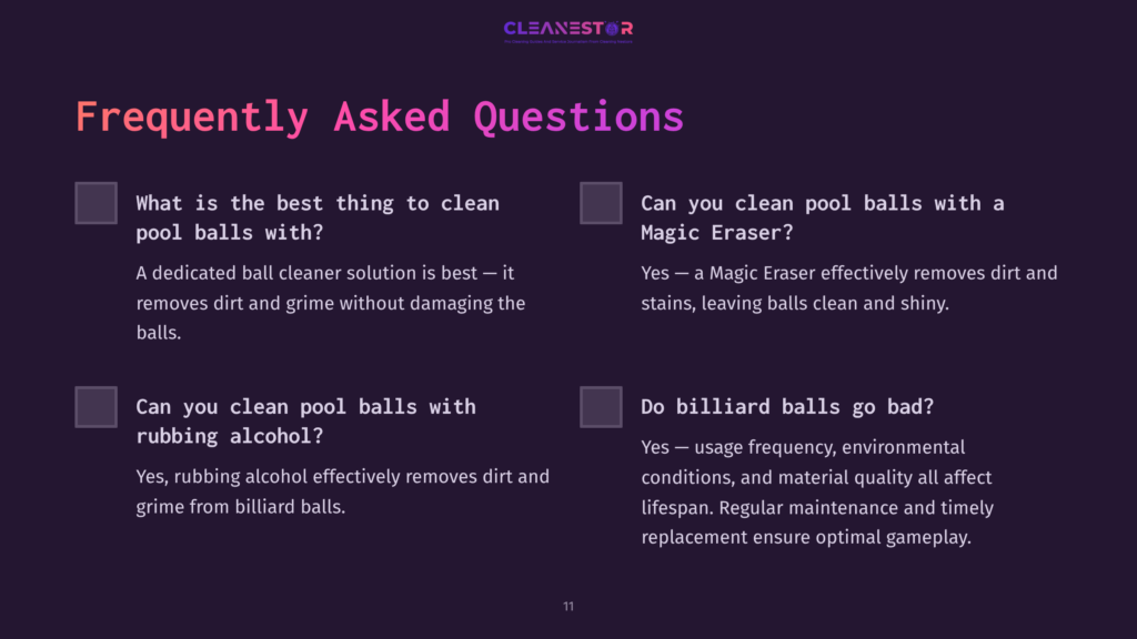 Two Questions With Checkboxes On A Dark Background; Text Highlights Cleaning Methods For Billiard Balls, Featuring Clean White And Purple Font.
