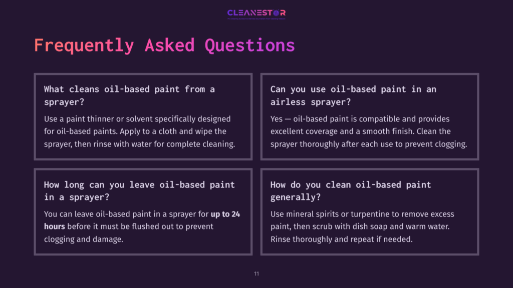 Four Purple-Bordered Boxes With Text Providing Faqs On Cleaning Oil-Based Paint From Airless Sprayers, Using A Clear, Easy-To-Read Font.