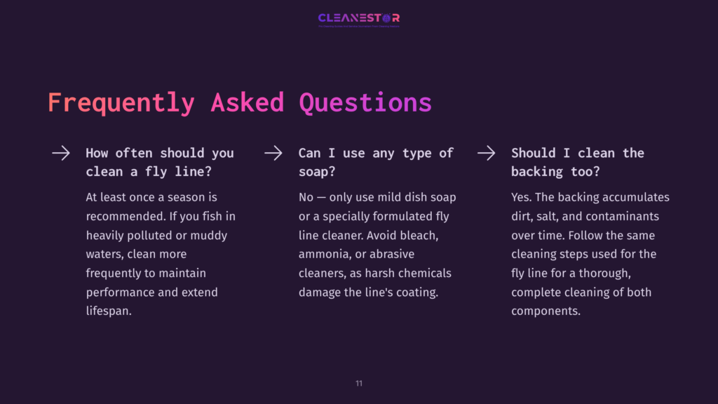 Purple Background With White Text Headers And Arrows. Lists Faqs About Cleaning Fly Lines, Featuring Numbered Questions And Answers.