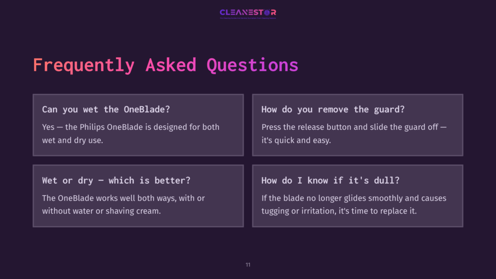 Purple Background With White Text In A Q&Amp;A Format. Questions About The Philips Oneblade And Its Maintenance Are Displayed In Clear, Bold Typography.