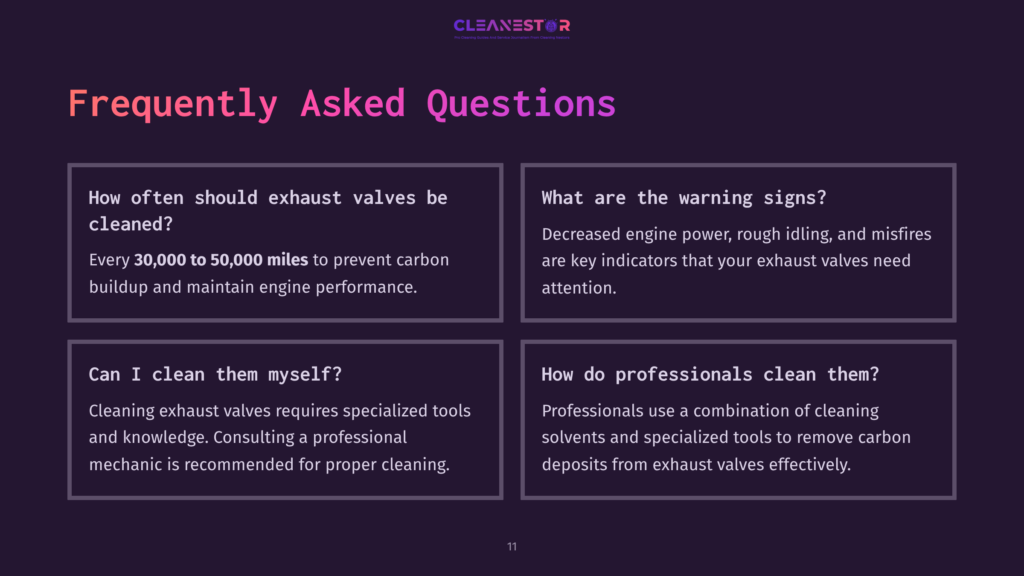 A Dark Purple Slide With The Title &Quot;Frequently Asked Questions&Quot; In Pink. The Slide Is Divided Into Four Sections With Questions And Answers About Cleaning Exhaust Valves.