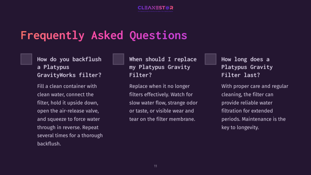 11 Frequently Asked Questions 3 Purple Background With White Text And Checkbox Icons, Outlining Faqs About Cleaning And Replacing A Platypus Gravity Filter.