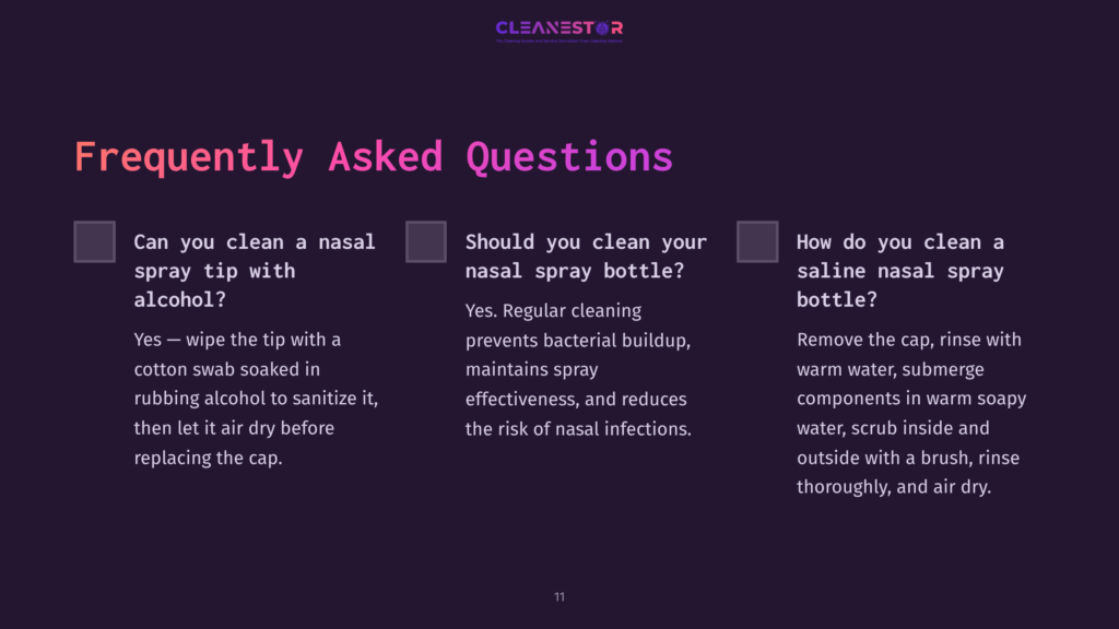 Illustration With Three Faq Sections In White Text On A Purple Background, Addressing Cleaning Nasal Spray And Saline Bottle Tips.